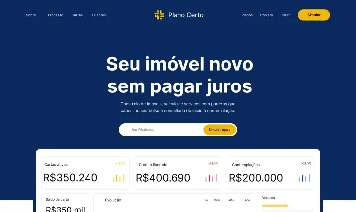 Topo da página da Plano Certo, consórcio de imóveis
